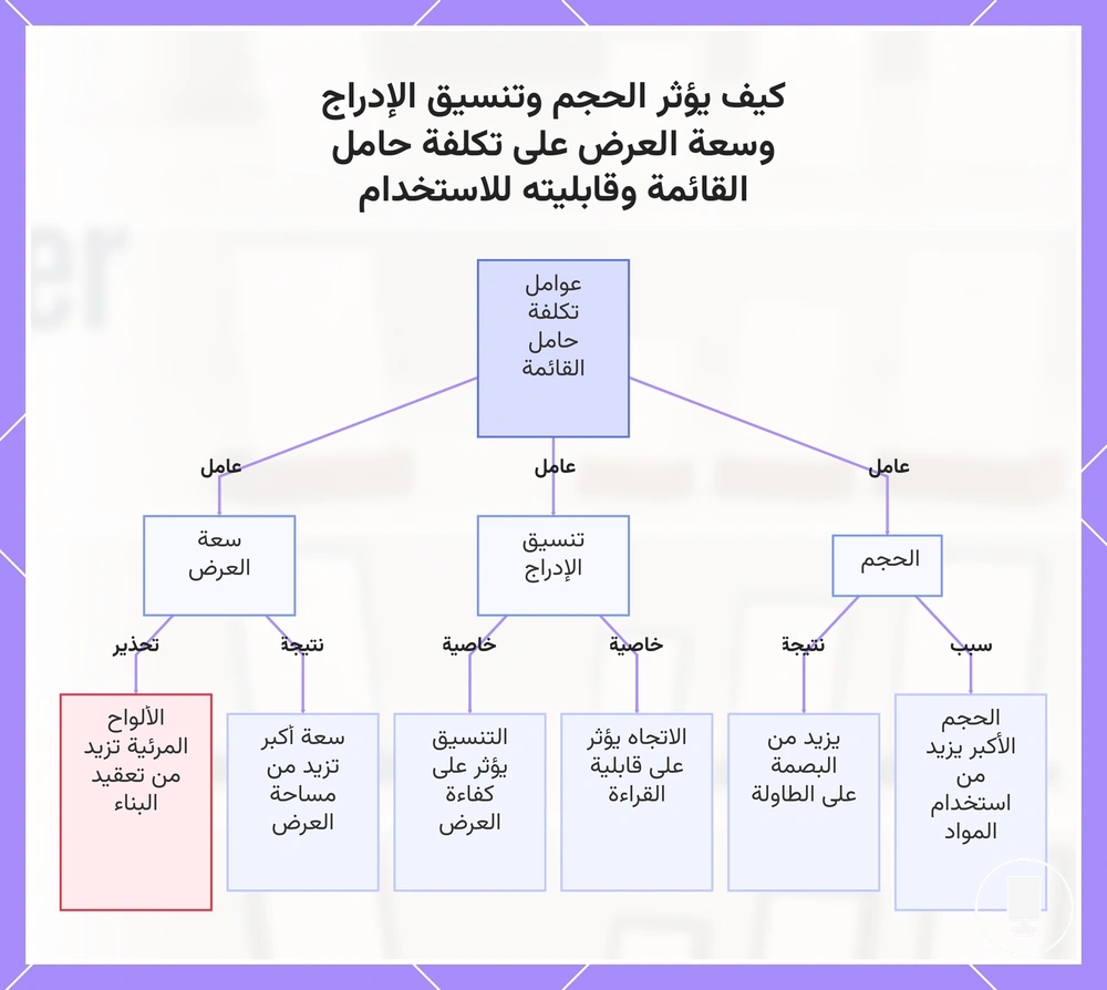 كيف يؤثر الحجم وتنسيق الإدراج وسعة العرض على تكلفة حامل القائمة وقابليته للاستخدام