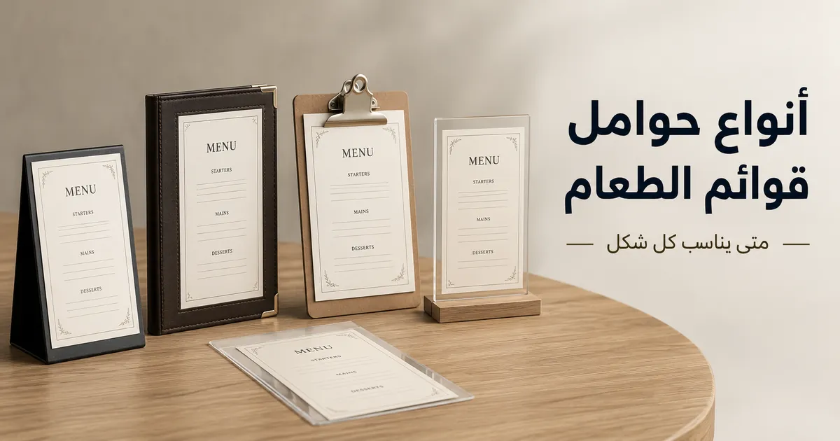 أنواع مختلفة من حوامل قوائم الطعام تشمل حوامل الطاولة والأغلفة والمشابك والإدخالات