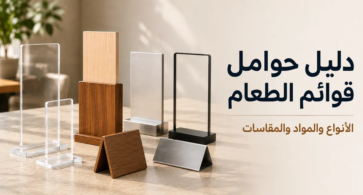 حوامل قوائم طعام معروضة بمواد ومقاسات وتنسيقات طاولات مختلفة