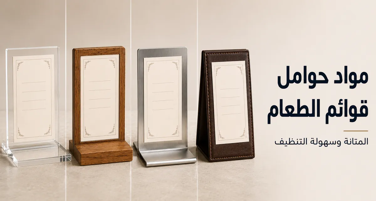 حوامل قوائم طعام مصنوعة من الأكريليك والخشب والمعدن ومواد بمظهر جلدي