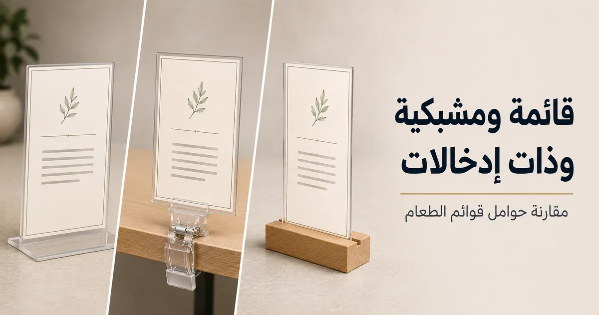 حوامل قوائم طعام قائمة ومشبكية وذات إدخالات مقارنة حسب شكل العرض