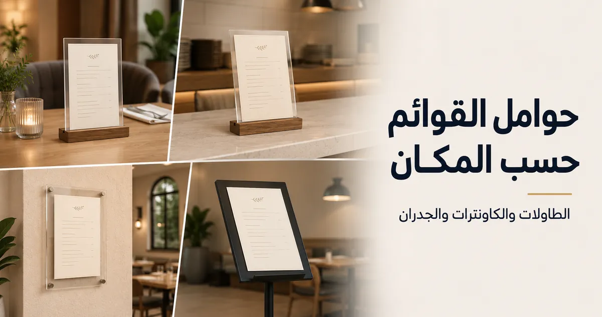 حوامل قوائم طعام موضوعة على الطاولات والكاونترات والجدران وحوامل العرض
