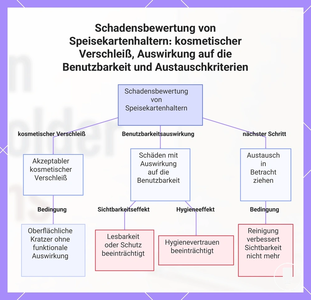 Schadensbewertung von Speisekartenhaltern: kosmetischer Verschleiß, Auswirkung auf die Benutzbarkeit und Austauschkriterien