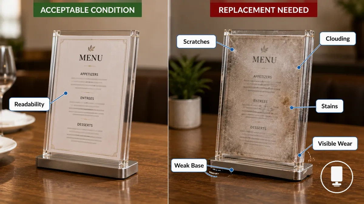 Menühalter mit sichtbarer Abnutzung und austauschrelevanten Schäden in einer Restaurantpräsentation