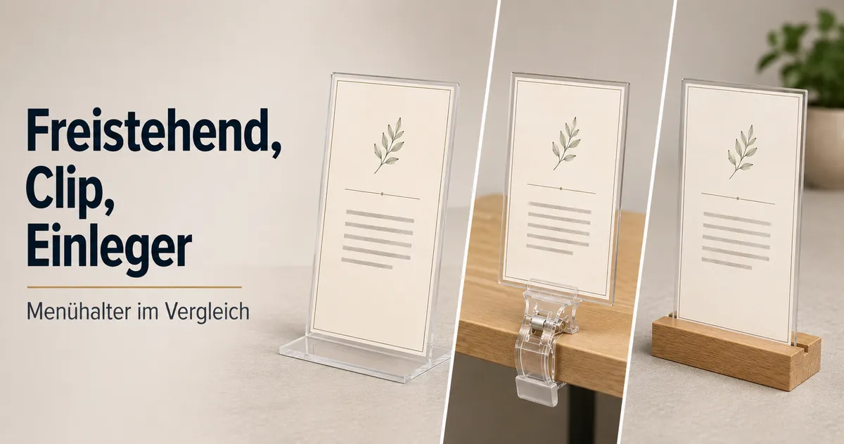 Freistehende, Clip- und Einlege-Menühalter nach Präsentationsformat verglichen