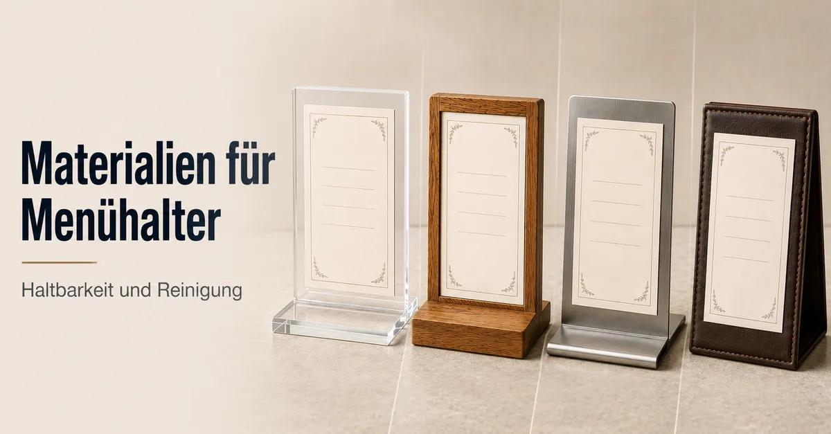 Menühalter aus Acryl, Holz, Metall und lederähnlichen Materialien