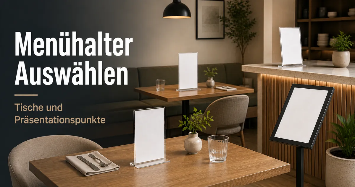 Mehrere Menühalter über Tische und Präsentationspunkte verteilt
