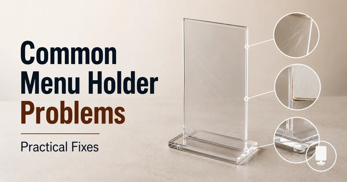 Menu holder problems including scratches, unstable bases, and worn inserts