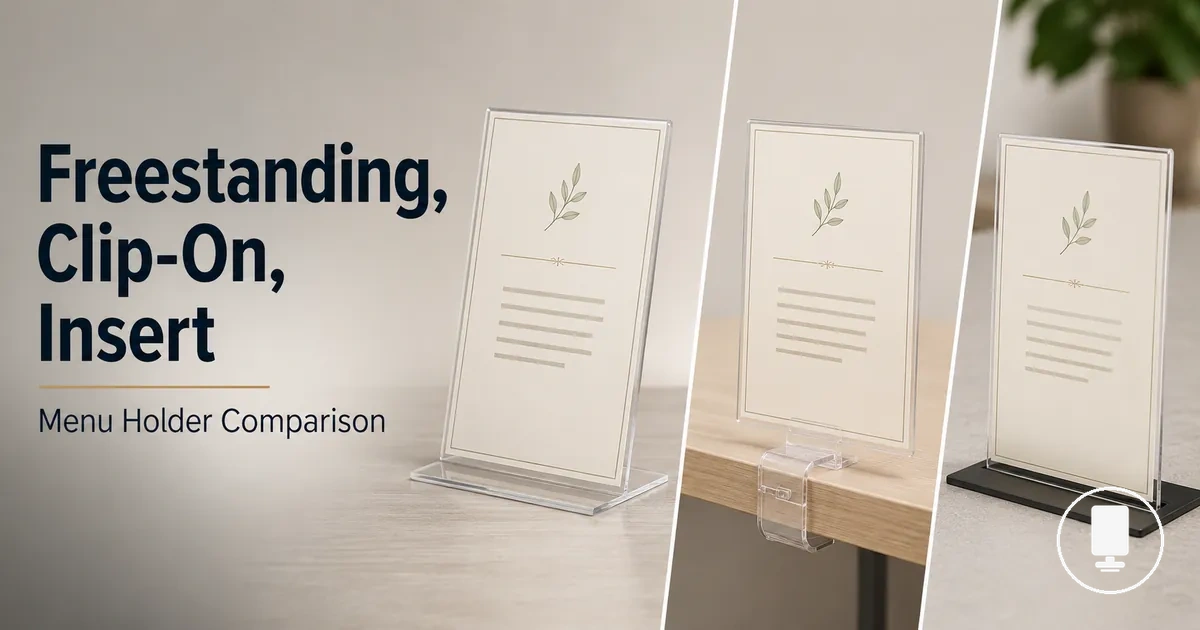 Freestanding, clip-on, and insert menu holders compared by display format