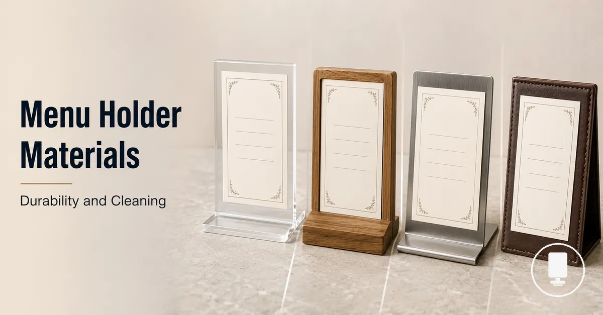 Menu holders made from acrylic, wood, metal, and leather-look materials