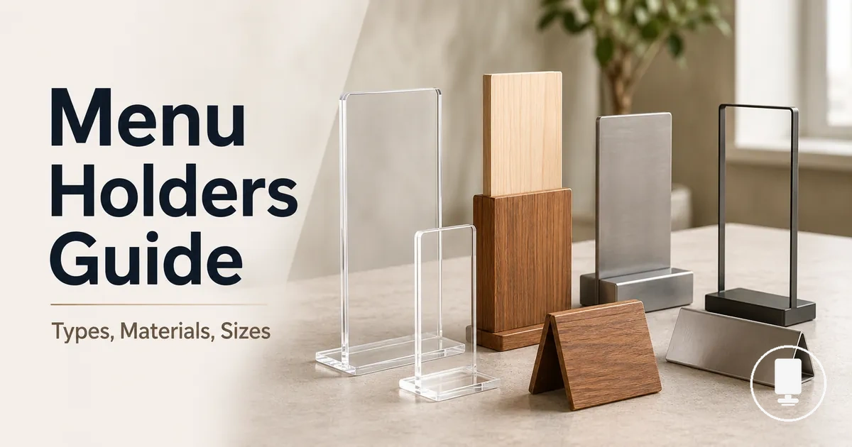 Menu holders displayed in different materials, sizes, and table formats