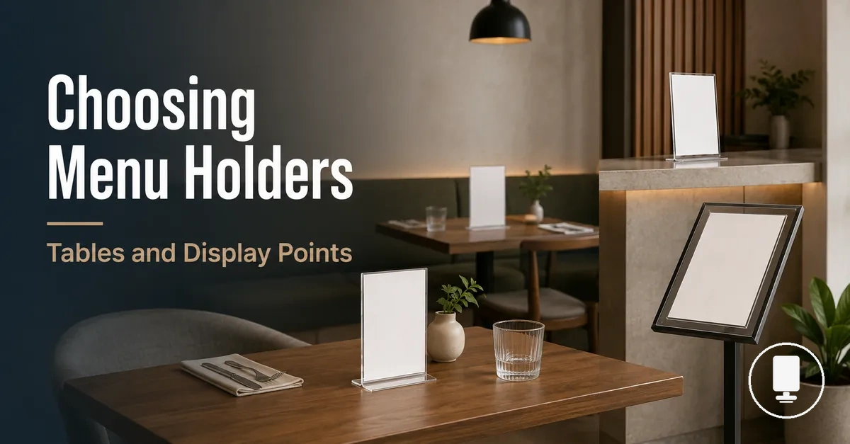 Multiple menu holders arranged across tables and display points