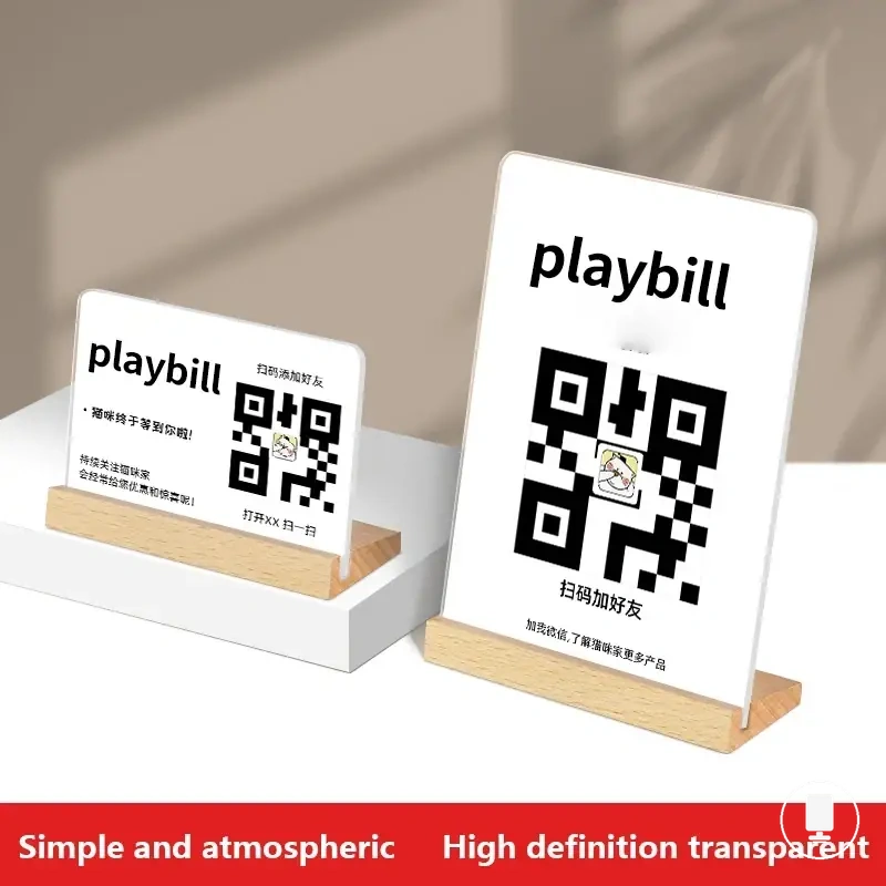 Double-sided acrylic table menu stand with a wood base for A4, A5, or A6 paper