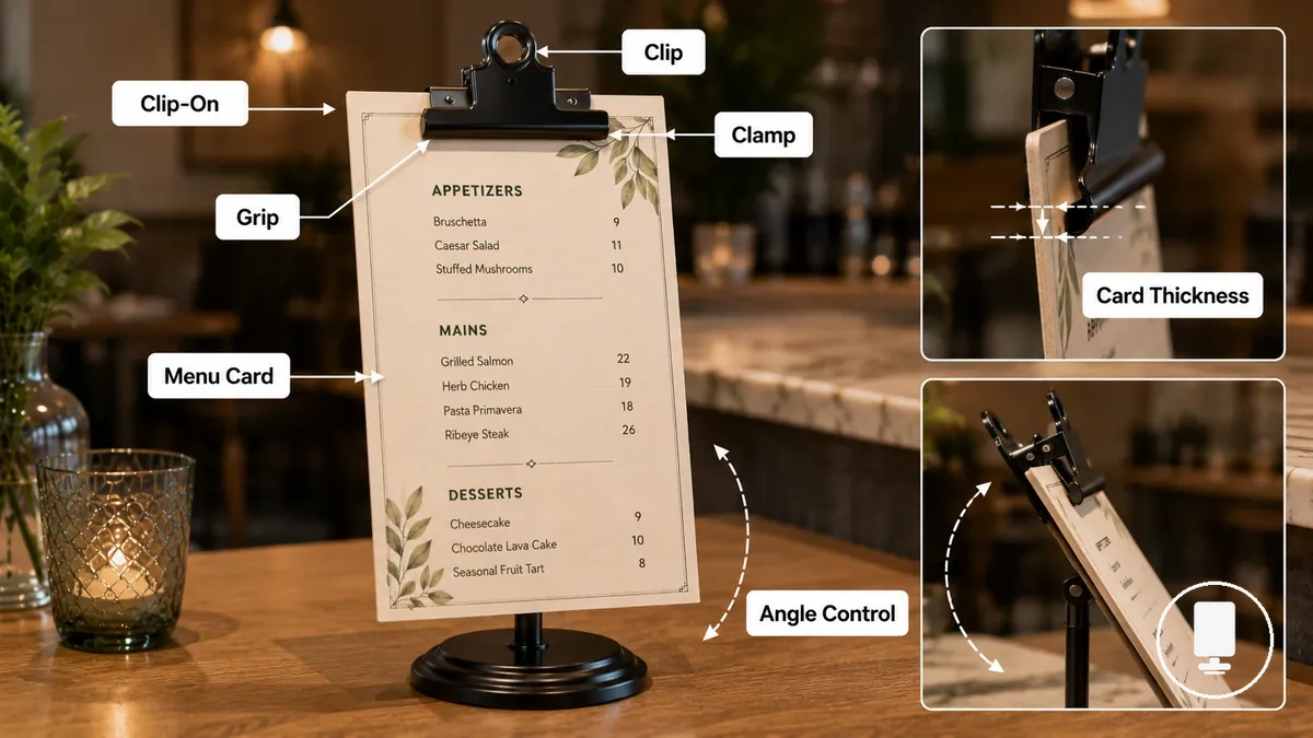 Clip-on menu holder gripping a menu card with a clip mechanism