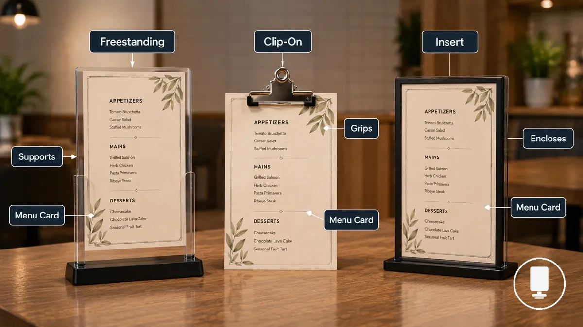 Menu holder formats showing different ways to hold printed menus