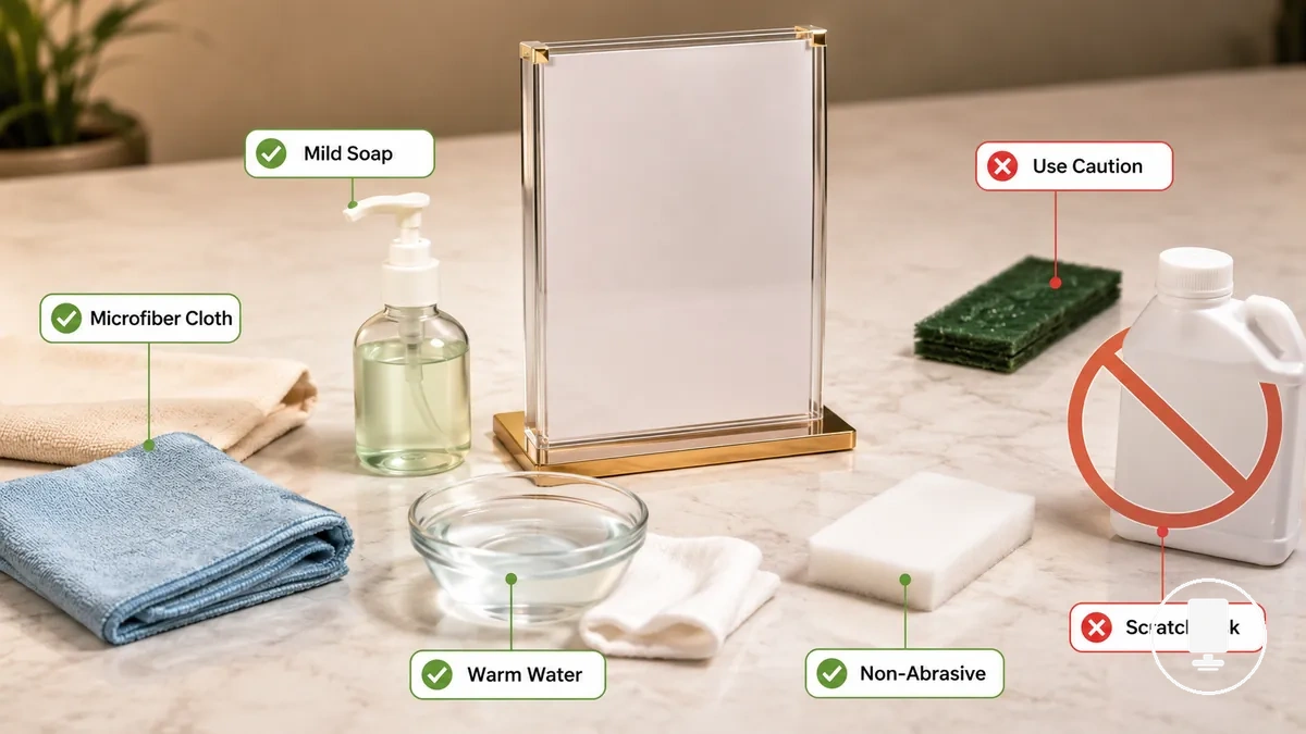 safe cleaning supplies for menu holders including soft cloth and mild soap