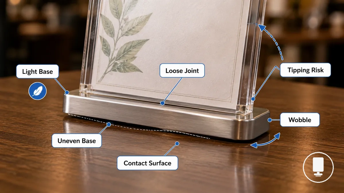 Close-up of menu holder base with uneven contact and wobble indication