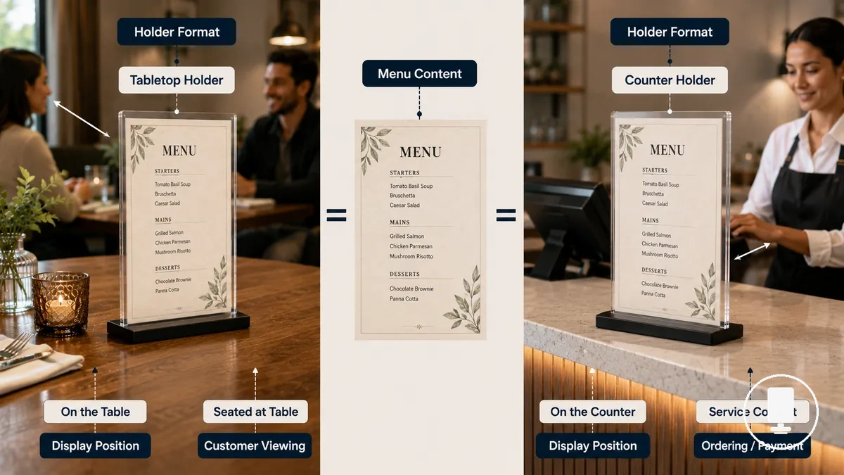 comparison of menu holder types versus restaurant menu types showing holder format and menu content format