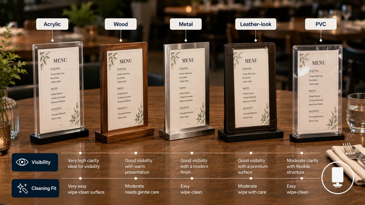 Acrylic, wood, metal, leather-look, and PVC menu holder materials compared