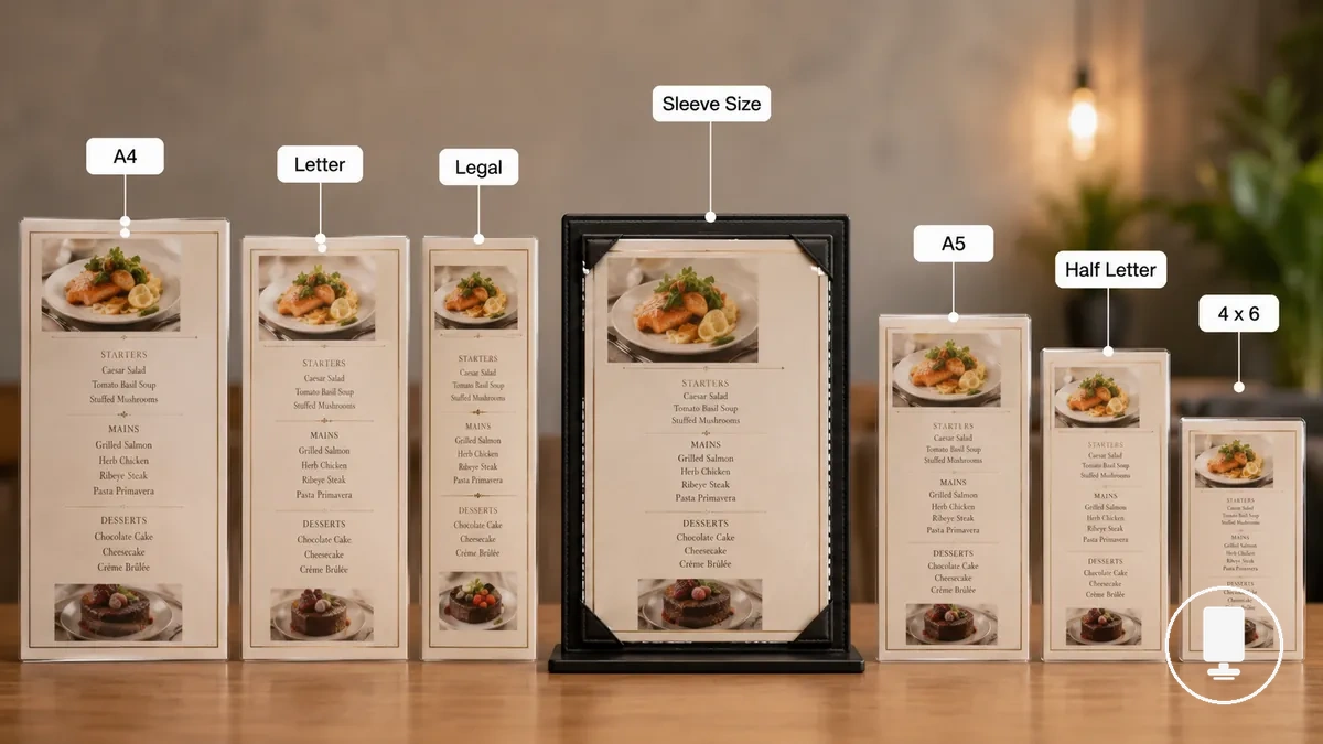 Common menu holder insert size families with fit and visibility considerations