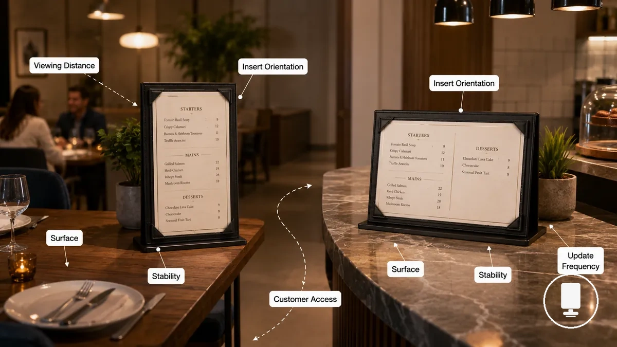 Menu holder placement conditions showing surface, viewing distance, access, and stability