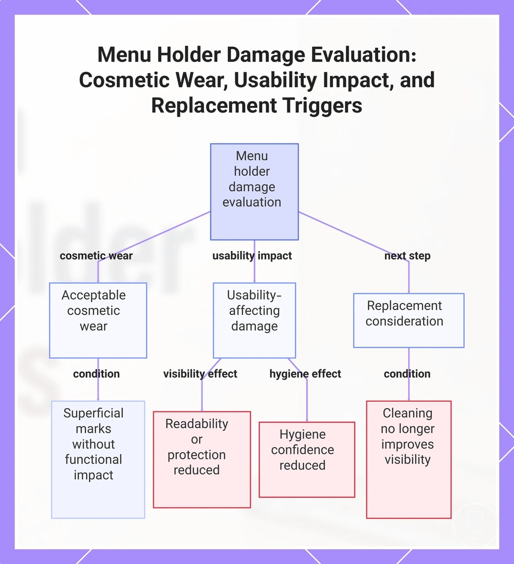 Menu Holder Damage Evaluation: Cosmetic Wear, Usability Impact, and Replacement Triggers