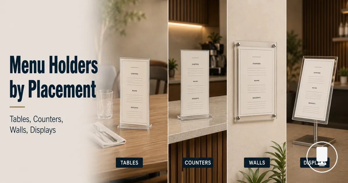 Menu holders placed on tables, counters, walls, and display stands