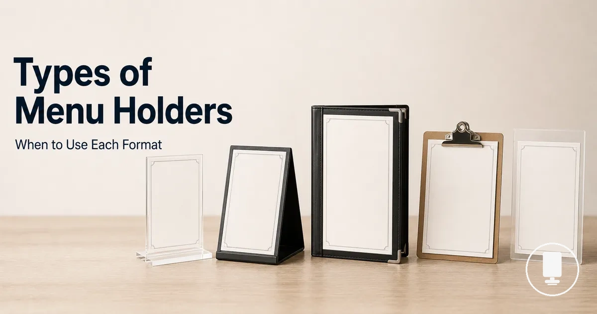 Different types of menu holders including table stands, covers, clips, and inserts