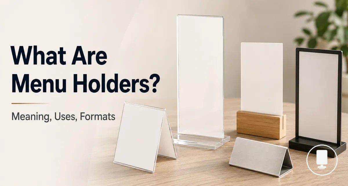Common menu holder formats showing how printed menus are displayed
