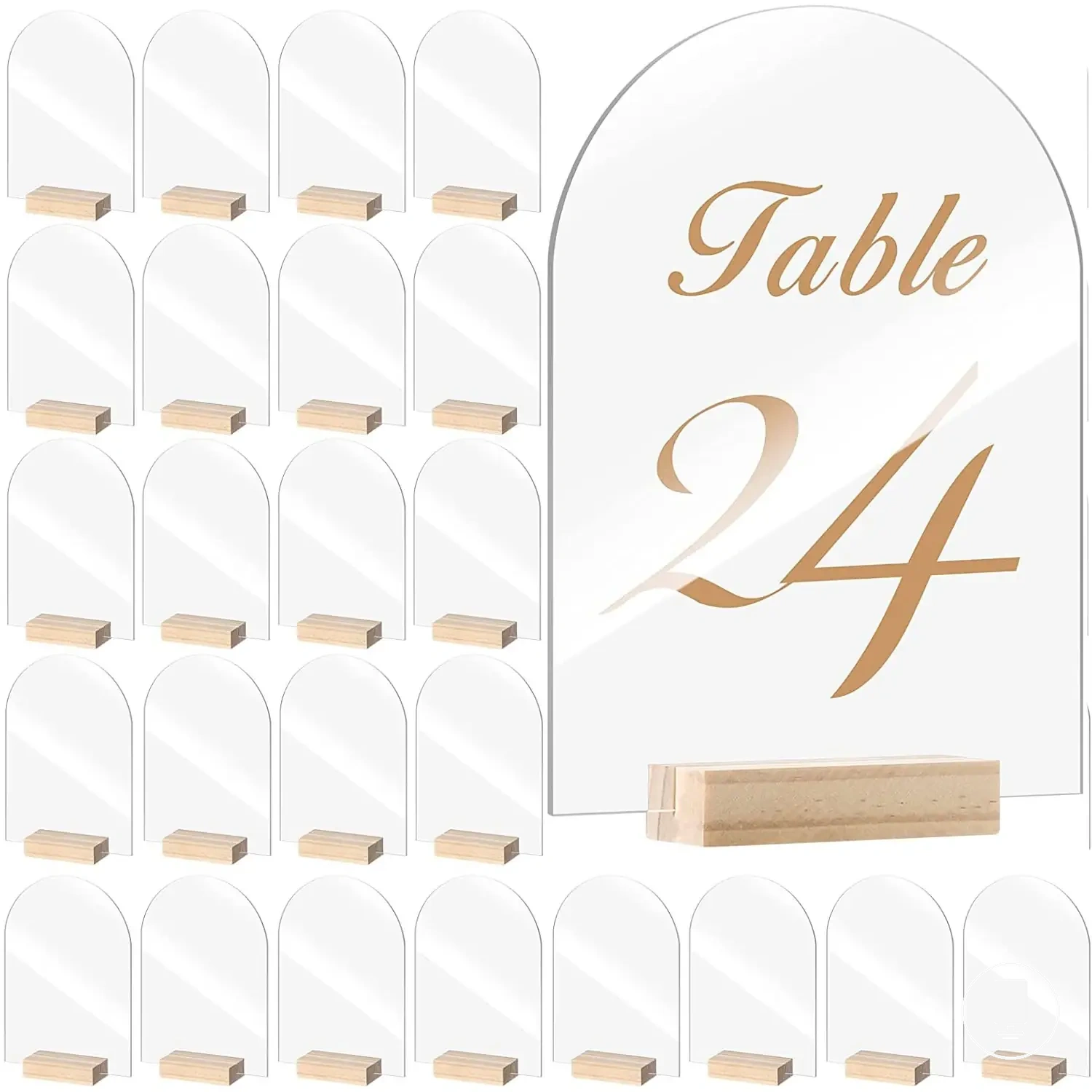 Láminas acrílicas transparentes en arco con soportes de madera para tarjetas de mesa