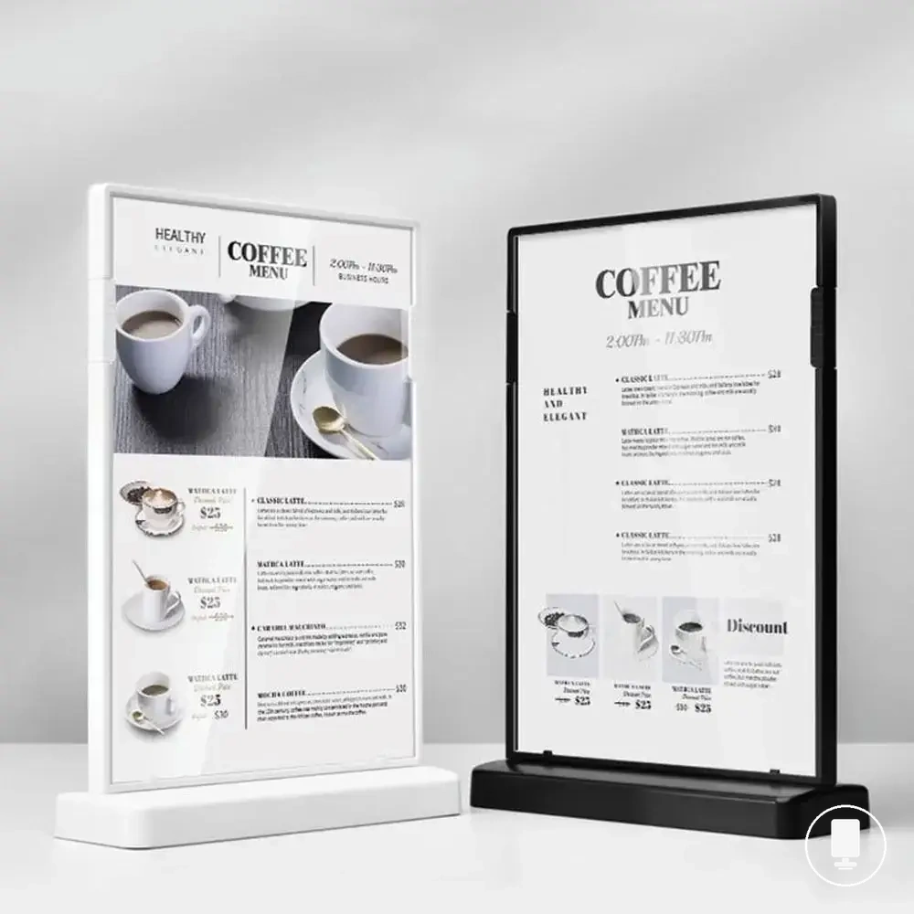 Portacartel acrílico antivuelco en formato vertical de mesa en L o en T