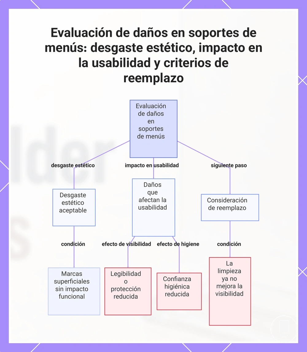 Evaluación de daños en soportes de menús: desgaste estético, impacto en la usabilidad y criterios de reemplazo