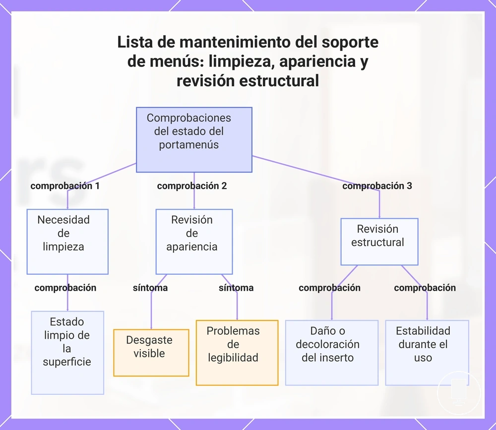 Lista de mantenimiento del soporte de menús: limpieza, apariencia y revisión estructural