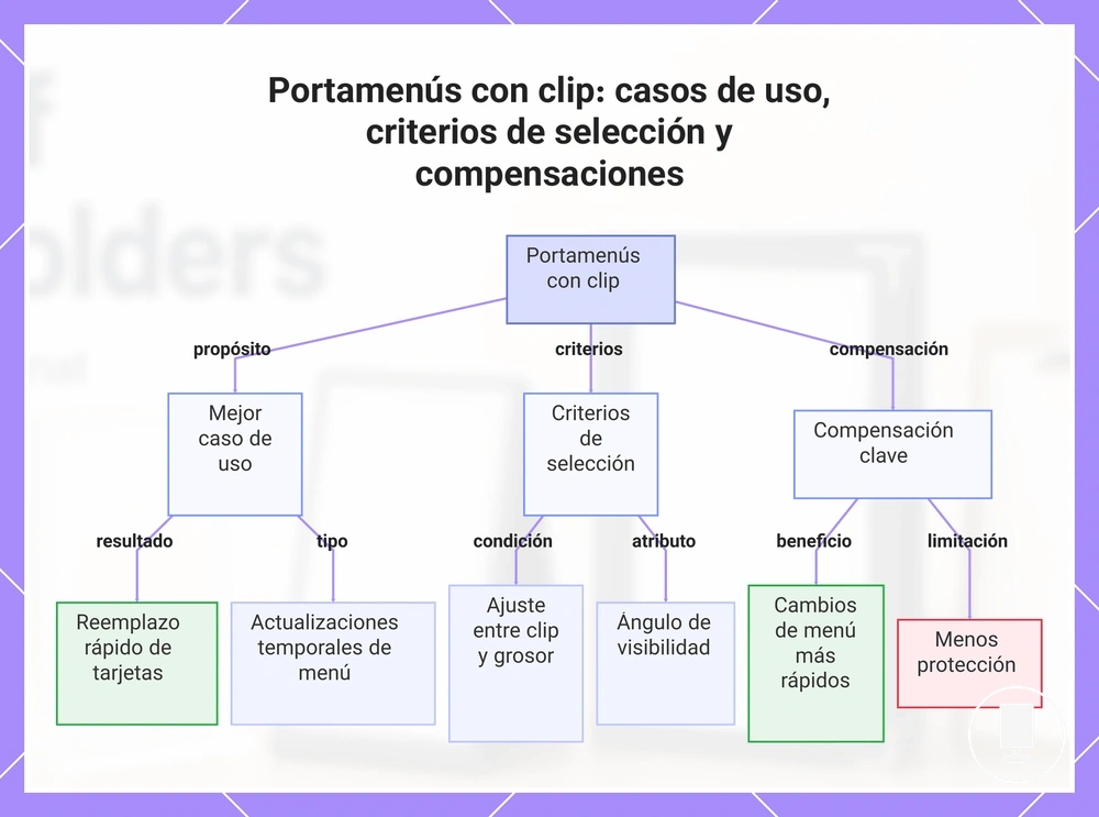 Portamenús con clip: casos de uso, criterios de selección y compensaciones