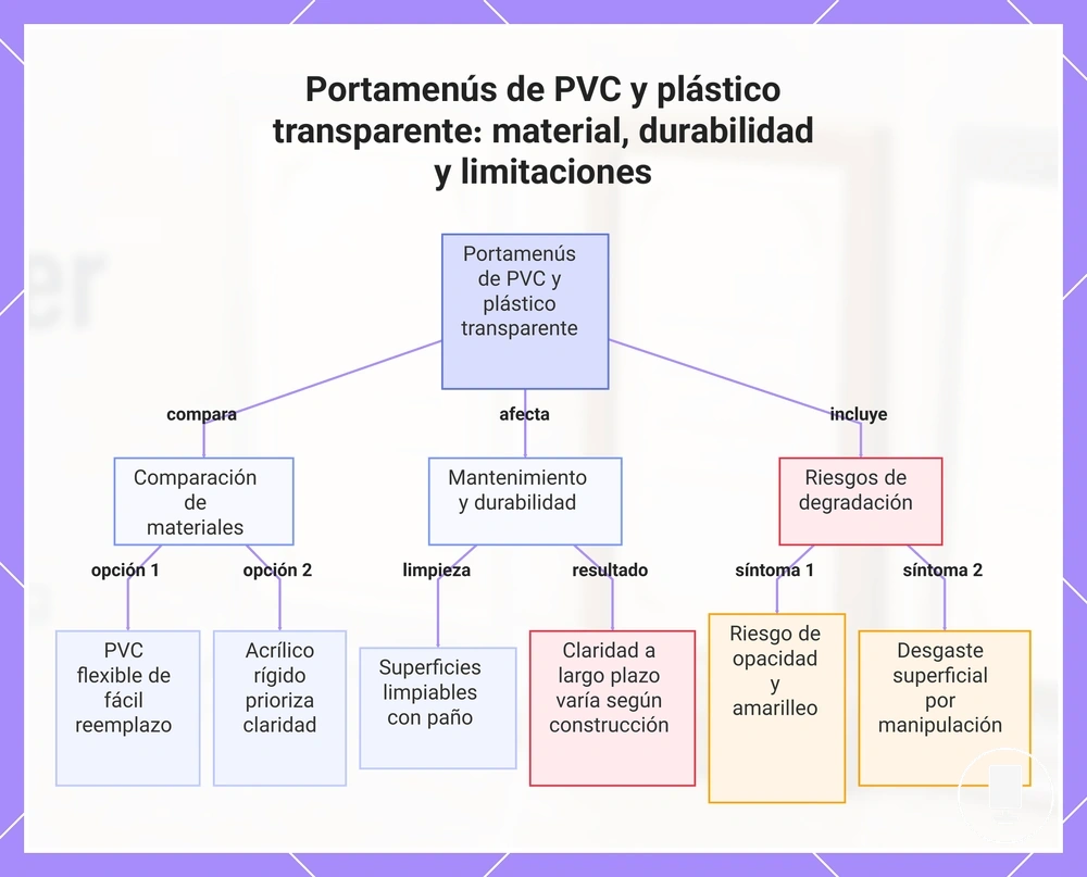 Portamenús de PVC y plástico transparente: material, durabilidad y limitaciones