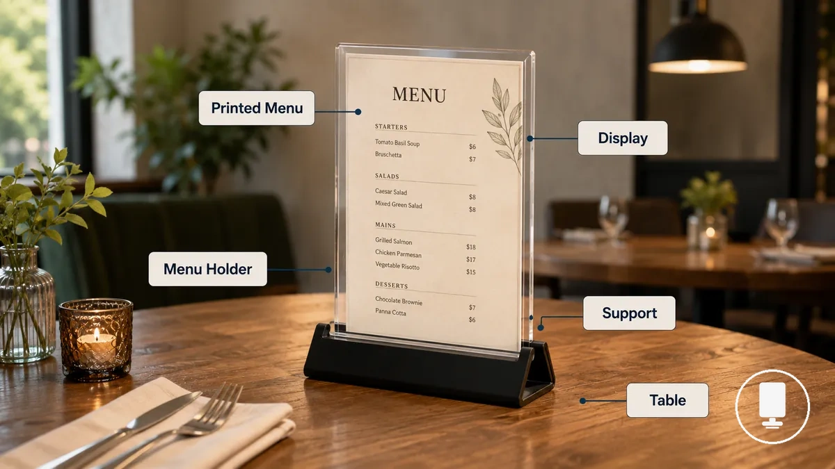 Soporte para menús que muestra una tarjeta de menú impresa en una mesa de restaurante