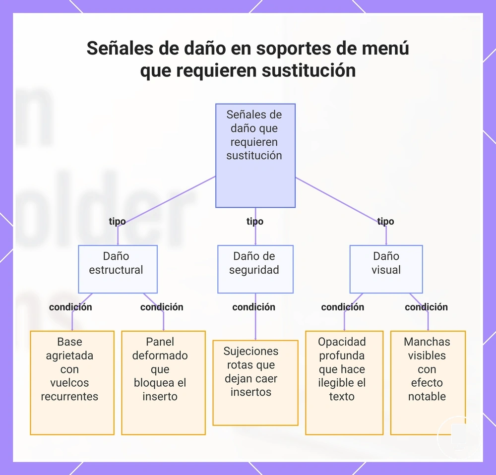 Señales de daño en soportes de menú que requieren sustitución