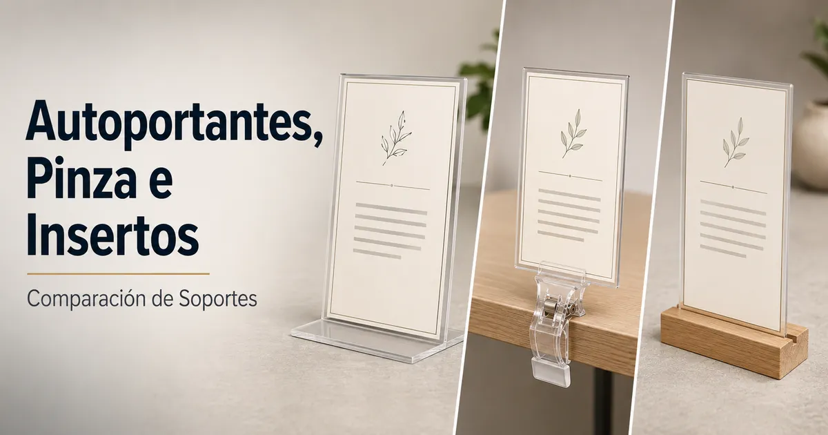 Soportes para menús autoportantes, con pinza y con insertos comparados por formato de presentación