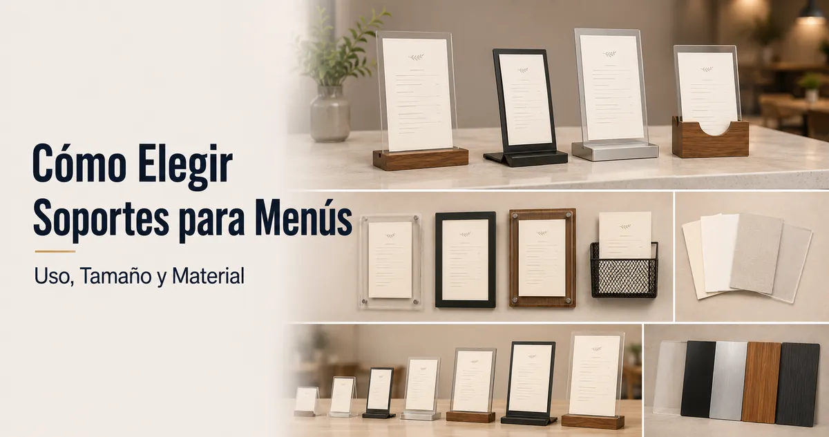 Soportes para menús comparados por uso, tamaño, material y estilo de exposición