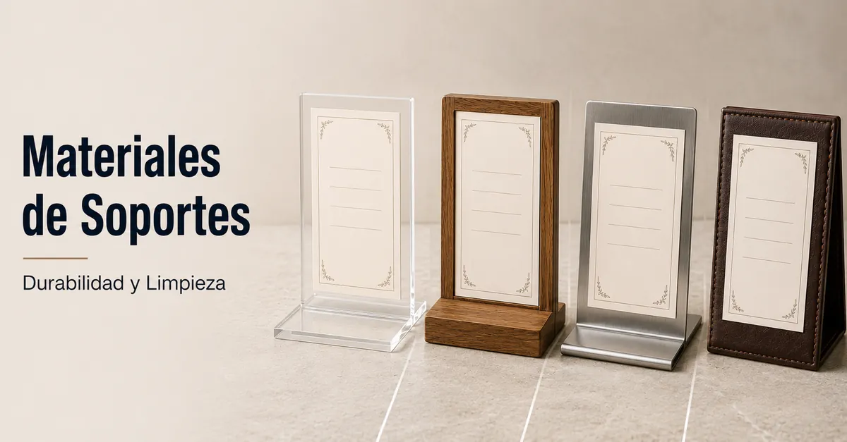 Soportes para menús fabricados en acrílico, madera, metal y acabado tipo piel