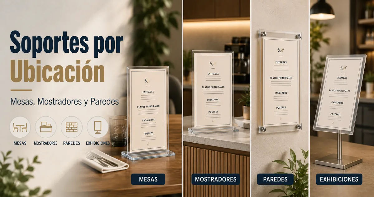 Soportes para menús colocados en mesas, mostradores, paredes y expositores