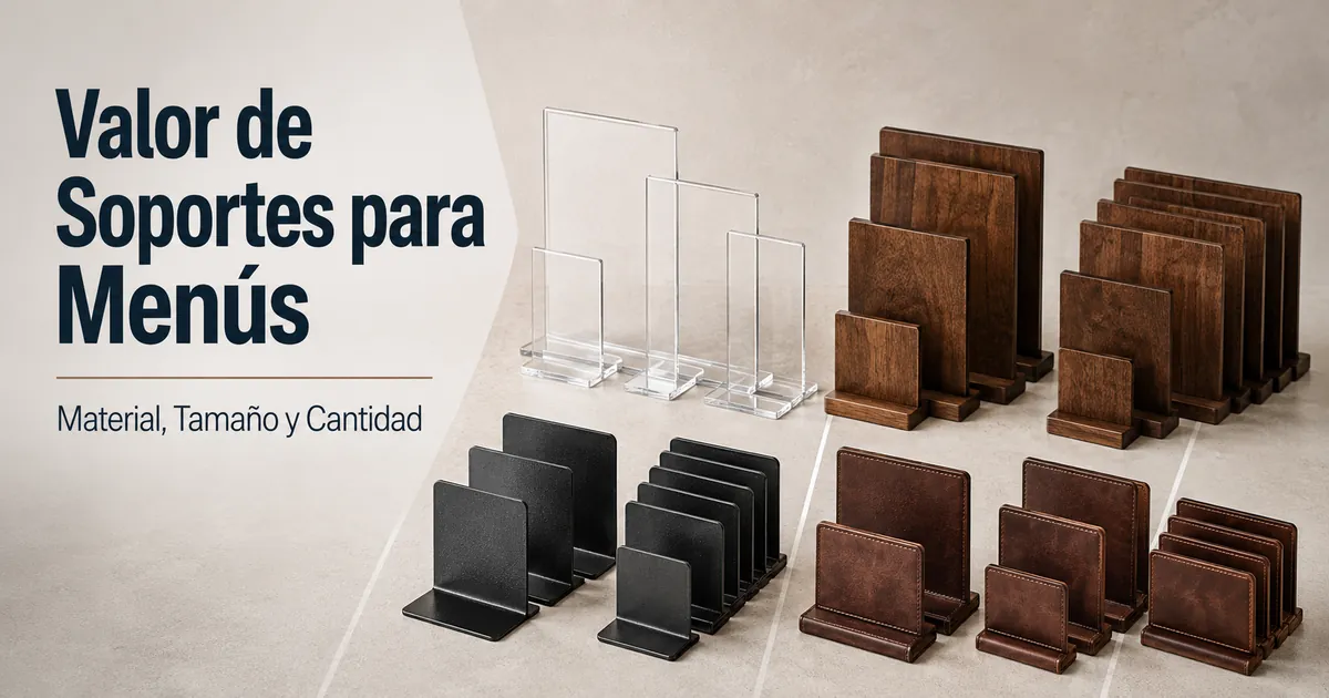 Soportes para menús comparados por material, tamaño, cantidad y valor a largo plazo