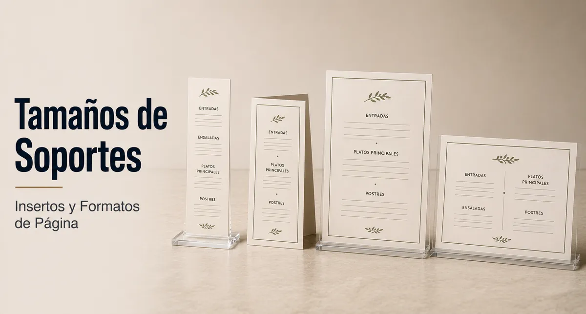 Insertos de soportes para menús en distintos tamaños y formatos de página