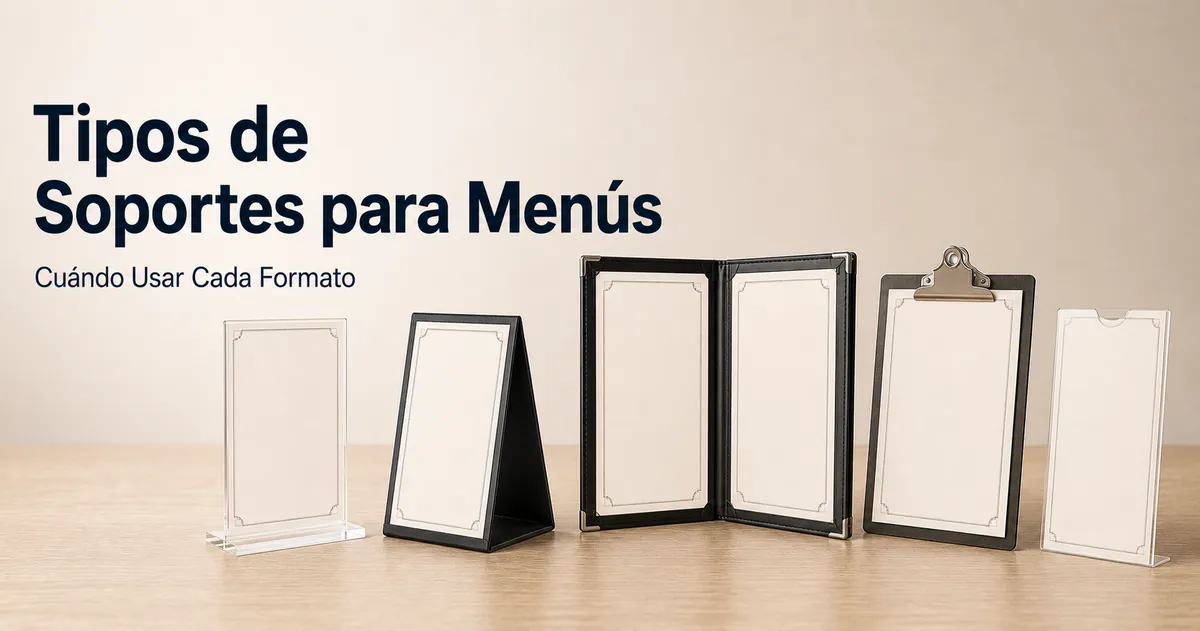 Distintos tipos de soportes para menús con peanas, fundas, pinzas e insertos