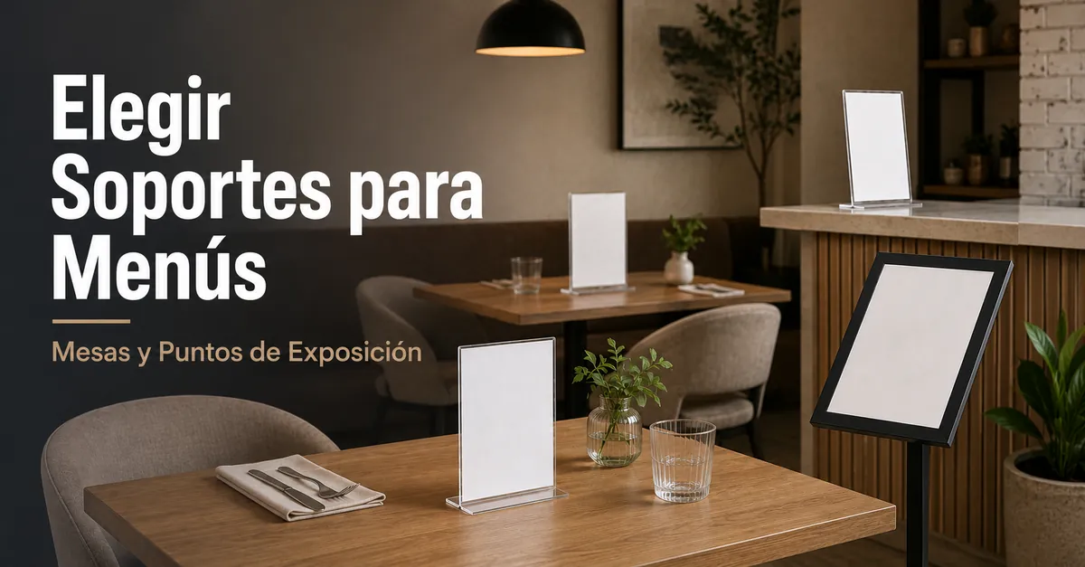 Varios soportes para menús distribuidos en mesas y puntos de exposición