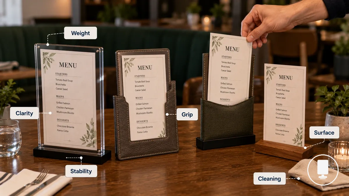 Différences de matériau des porte-menus en usage quotidien sur une table de restaurant
