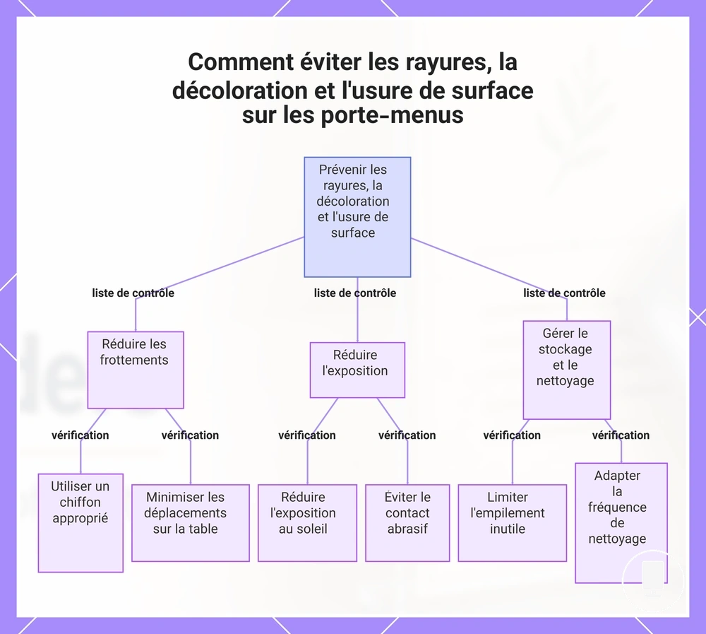 Comment éviter les rayures, la décoloration et l'usure de surface sur les porte-menus