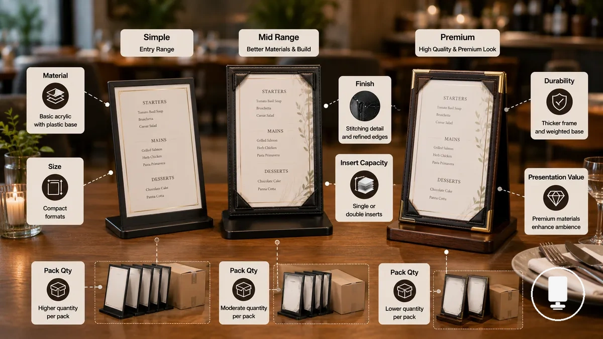 Fourchette de prix typique des porte-menus et caractéristiques incluses