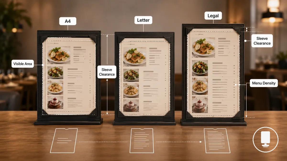 Comparaison des inserts A4, Letter et Legal pour la présentation d'une page de menu complète
