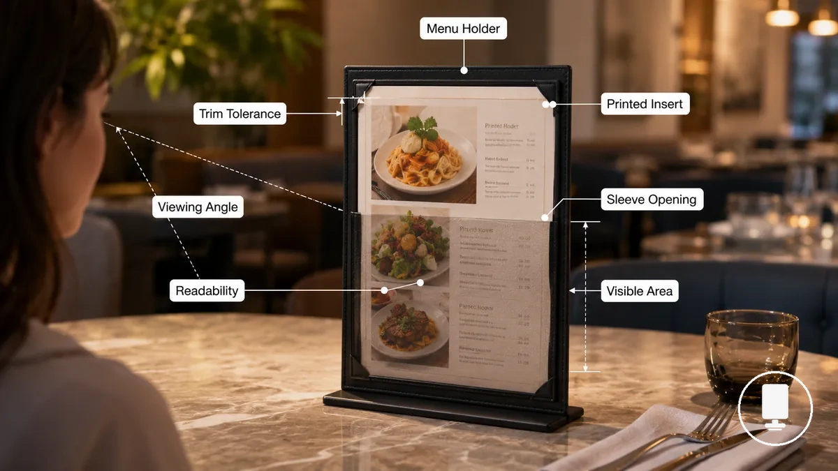 Porte-menu montrant l'ajustement de l'insert imprimé et la zone d'affichage visible pour la lisibilité
